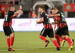 Vardar players celebrating their goal, photo: fkvardar.mk