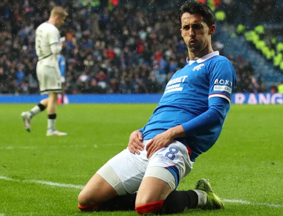 Bojan Miovski celebrates after scoring against Dundee United (photo: rangers.co.uk)
